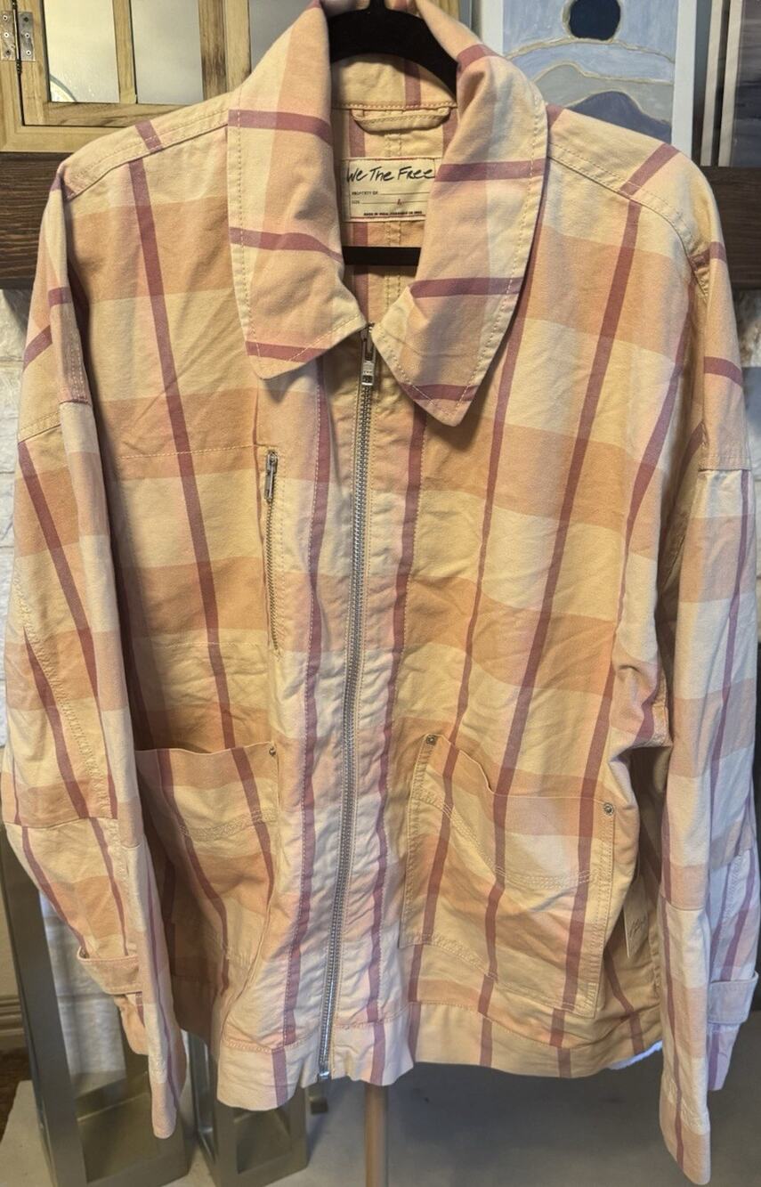 We The Free Women's Plaid Zip Jacket w/ Pockets Collared Beige/Pink Size L